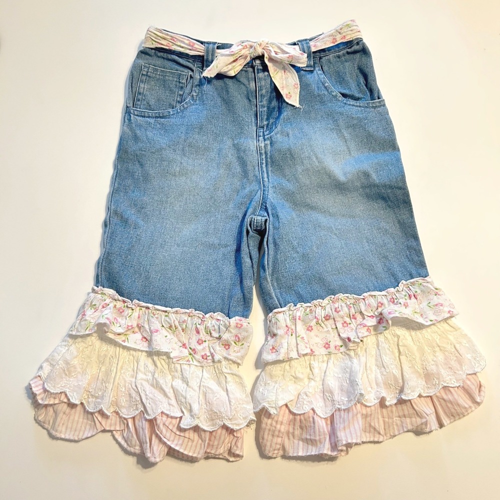 Copper Key Toddler Denim Ruffle Jeans 5 Floral Belt Tie Boho Flare Frill